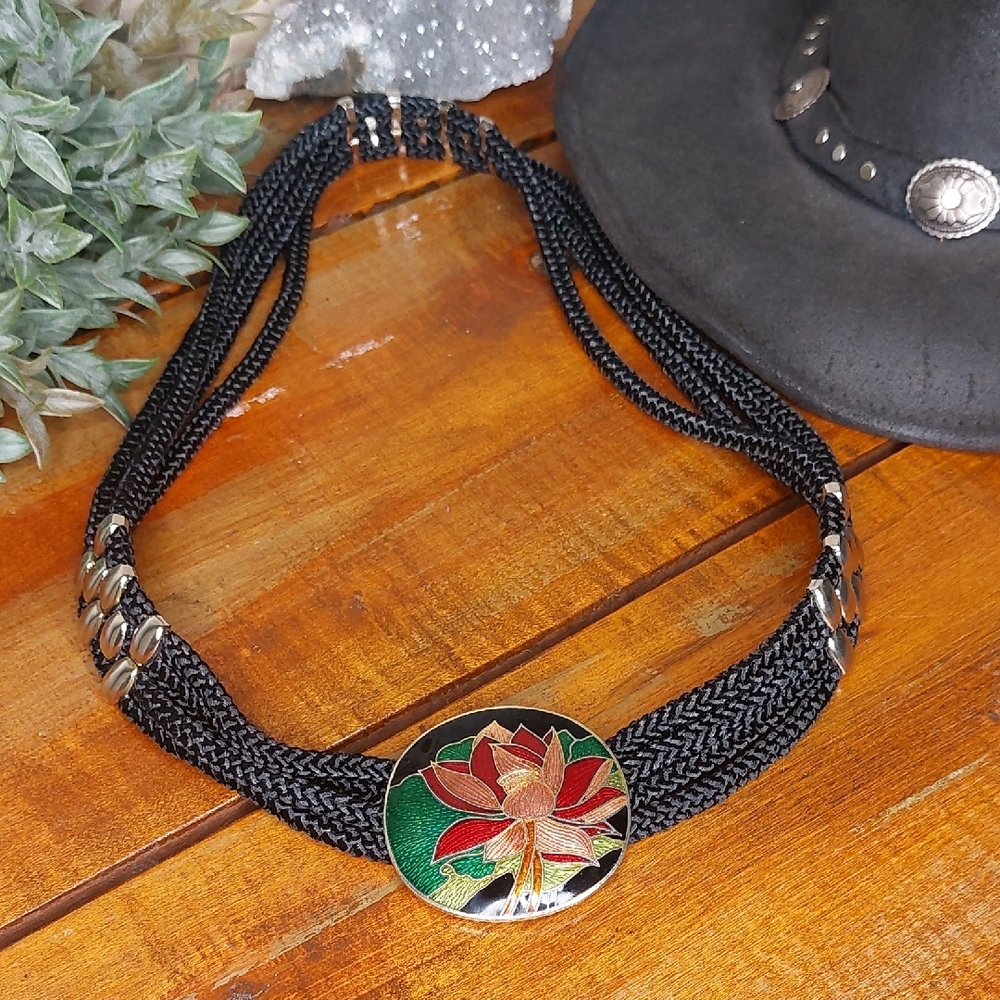 Vintage, 1980s, Cloissone, Black and Red, Floral, Lotus Flower Belt